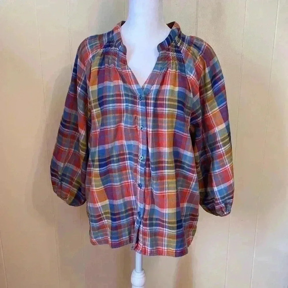 Time and Tru Blue Plaid 3/4 Sleeve Pheasant Style Top w/ Smocking in Size Large. - Picture 1 of 14